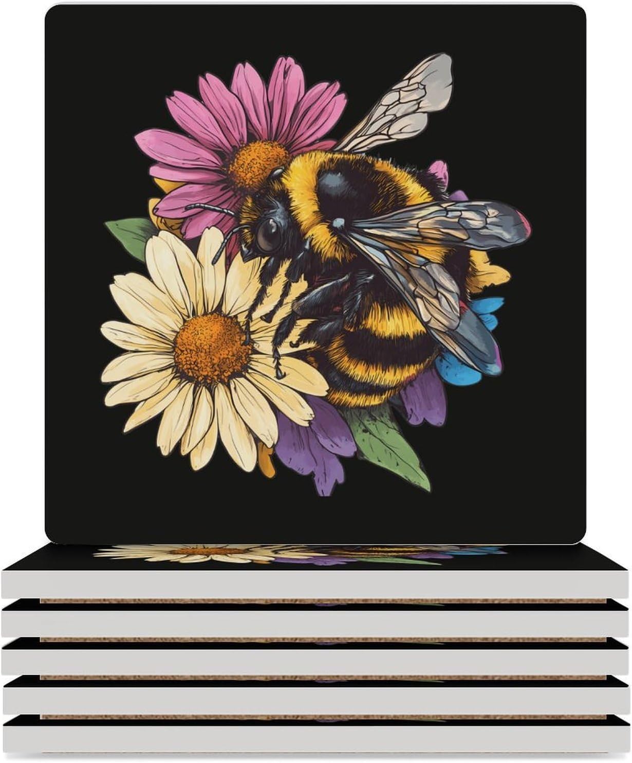 Bees on Flowers Coasters for Drinks Square Table Coasters Set Cup Mats with Cork Base