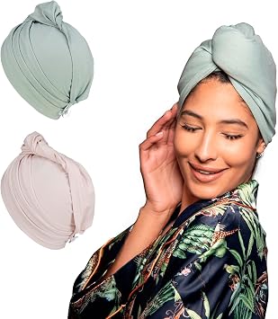 2 Pack T-Shirt Hair Plopping Towel for All Textures - Cotton Blend Water Absorption Turban with Secure Button - Moisture Gentle Styling and Setting Wrap - Sage & Pink