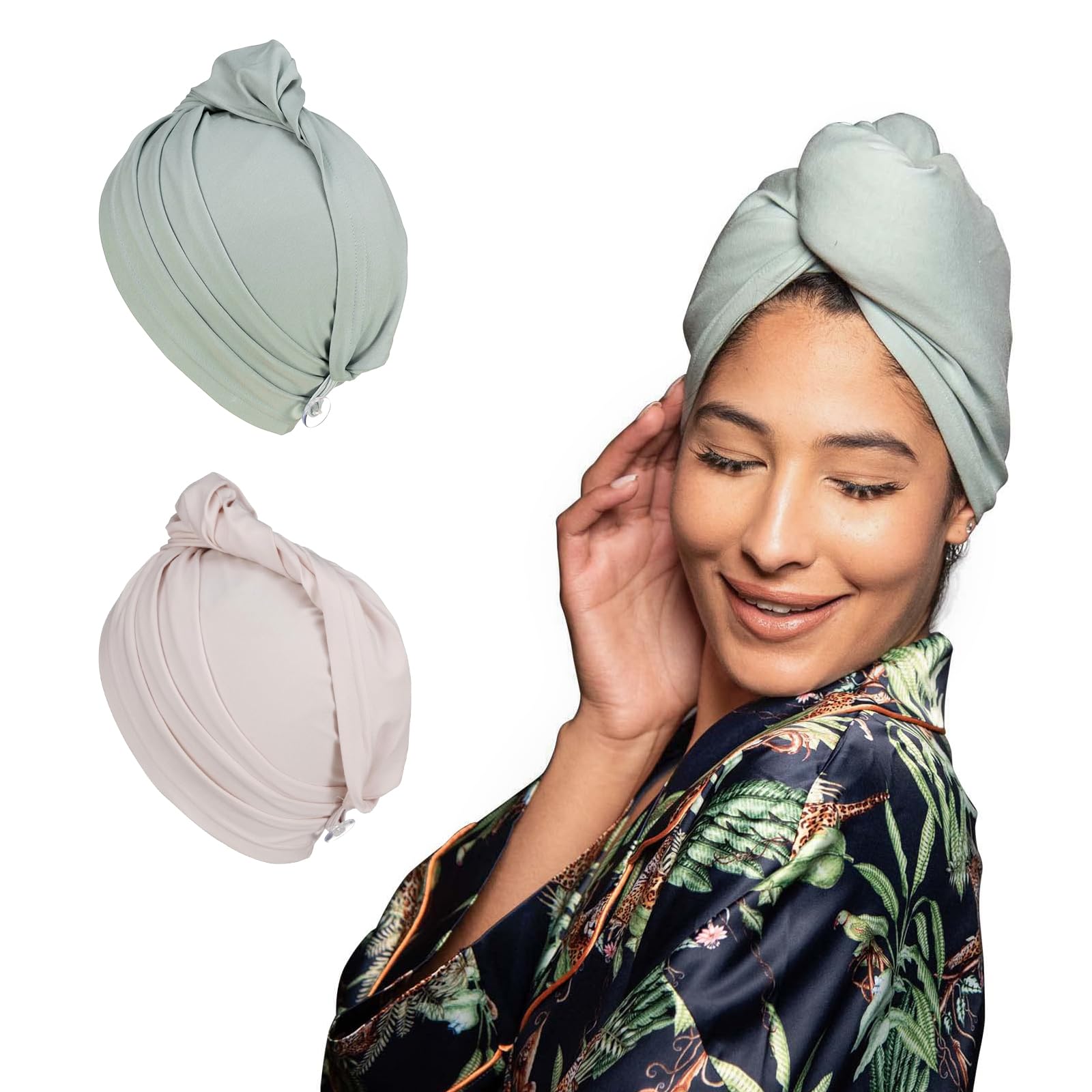 2 PCS Tee Shirt Drying Wrap, Frizz Free, Soft & Lightweight&Flexible, Hair Drying Turban, Gentle Drying Towel Wrap with Button, for Long Hair (Sage&Pink)