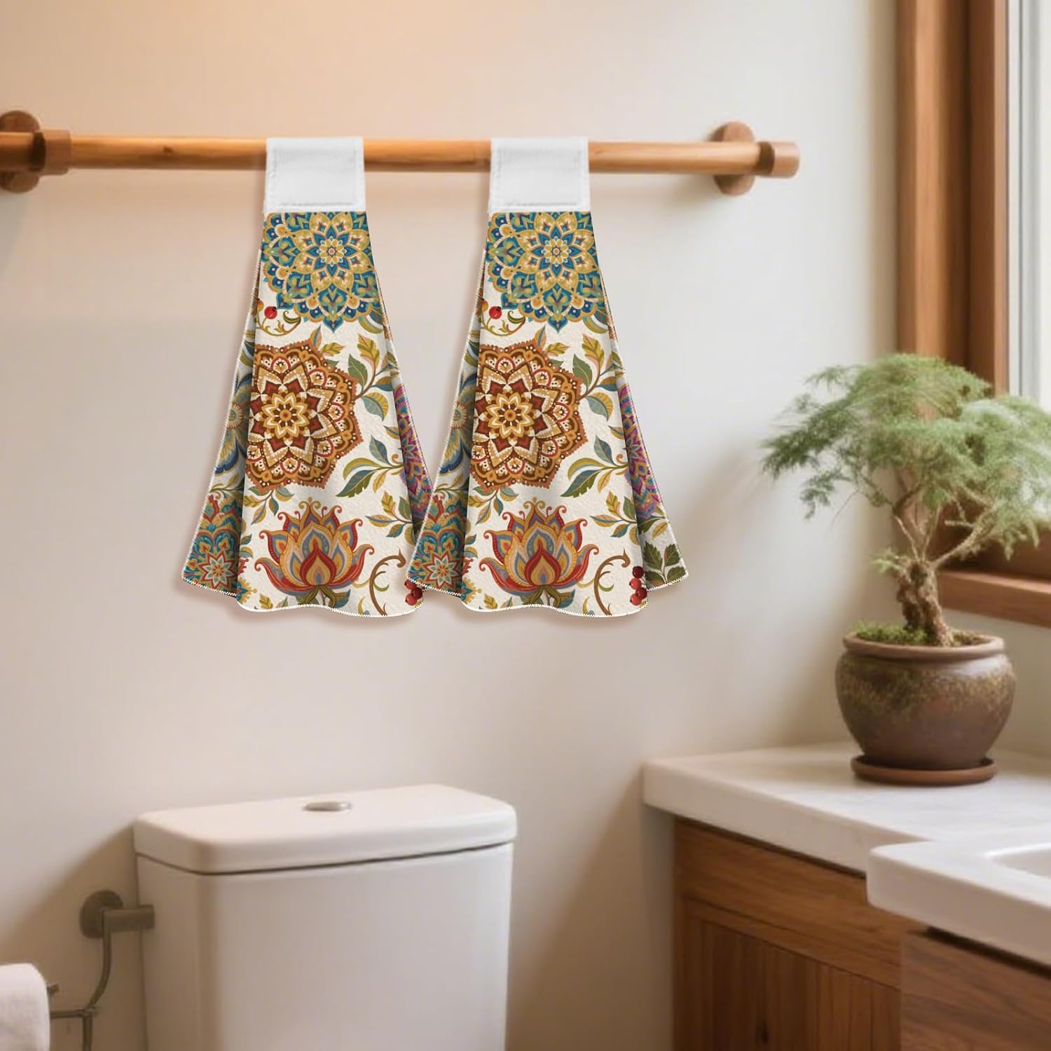 CUTHOLLOW Vintage Flower Pattern Hanging Kitchen Towels with Loop, Set of 2 - Soft & Super Absorbent Microfiber Decorative Hanging Dish & Hand Towel, Tea Coffee Towel for Kitchen Bathroom Oven Handle