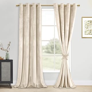 DWCN Beige Velvet Curtains 96 inches Long - Elegant Room Darkening Noise Absorb Tieable Grommet Curtains Warm Soft Texture Privacy Drapes for Bedroom/Living Room/Farmhouse Style Decor W52 x L96