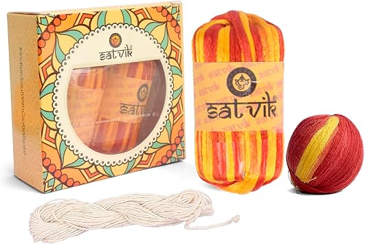 Satvik Pack of 2 Pc 100% Pure Assorted Silk Moli/Kalawa with 1 Pc White Jaenu & 1 Pc Round Moli | Mouli Mauli Hindu Pooja Sacred Thread Raksha Sutra for Home Mandir Puja Pujan Items