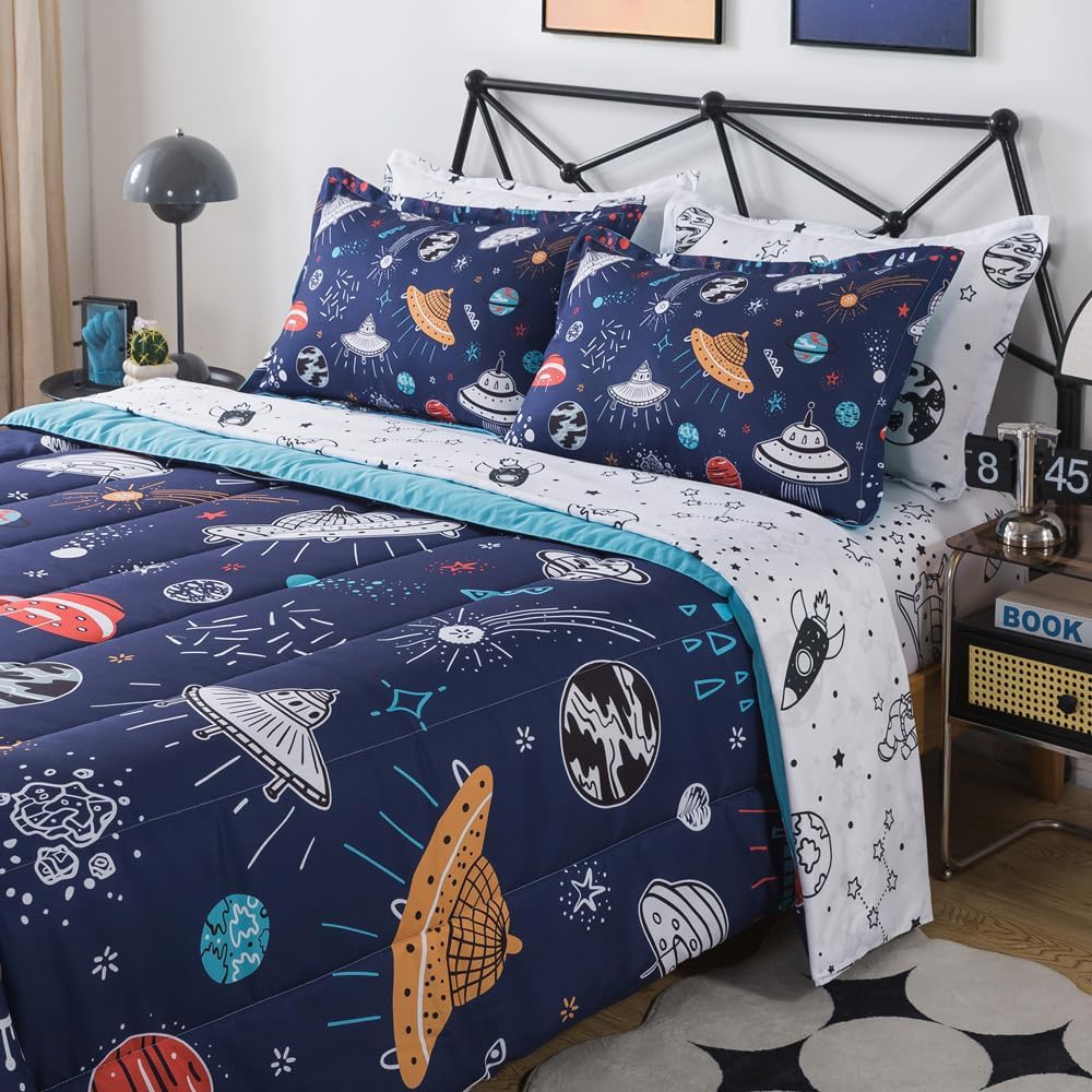 qjmiaofang Kids Comforter Set Space Bedding Full Size Boys 7 Piece Galaxy Space Comforter Set for Teens with Astronaut Rocket Sheets Soft Microfiber Planet Bedding Sets with Sheets Home Decor