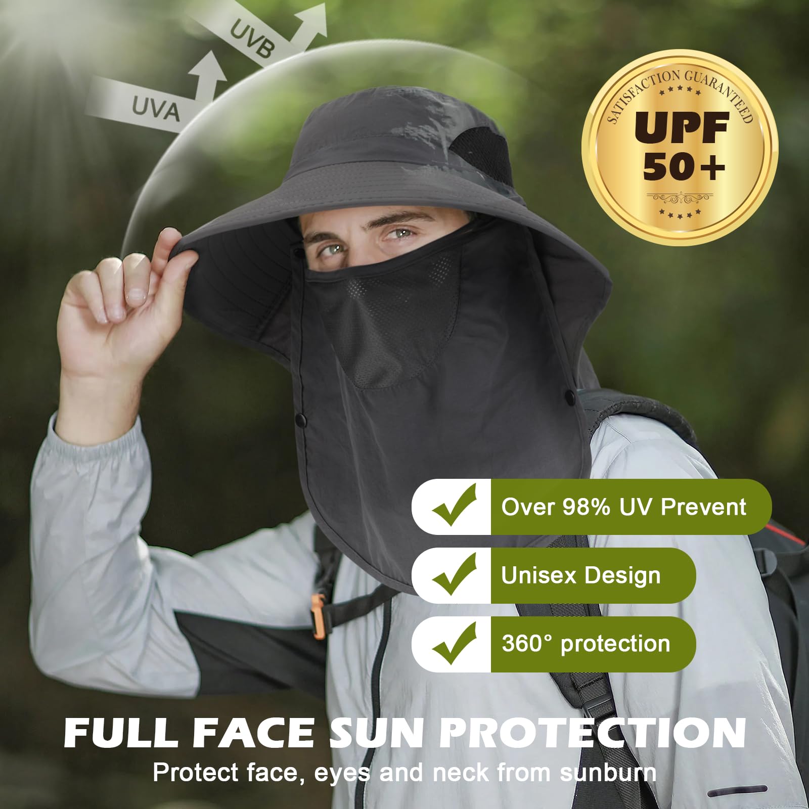 TAGVO Cappello da Sole a Tesa Larga per Uomo e Donna, UPF 50+ Protezione UV Cappello da Pescatore con Aletta per Il Collo Staccabile, Traspirante Cappelli da Escursionismo con Coulisse per All'Aperto