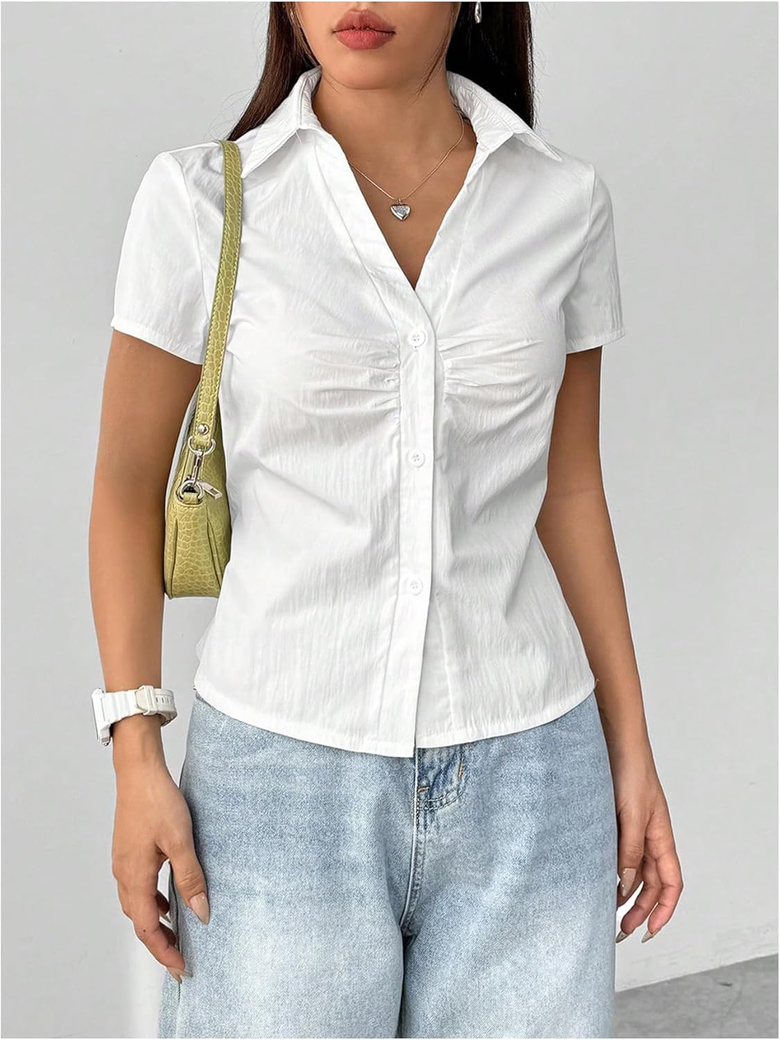 SweatyRocks Women's Ruched Button Up Blouses Collar V Neck Short Sleeve Work Shirts - Image 6