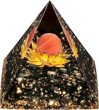 SUNYIK Crystal Sphere Orgone Pyramid with Black Obsidian Tumbled Stones and Golded Lotus Base Energy Generator for Meditation Office Home Decoration, Carnelian Stone