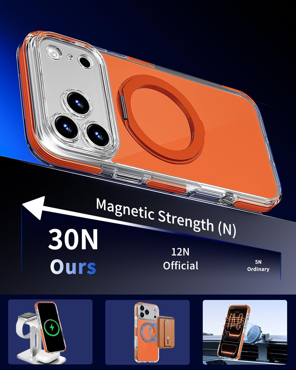 COOLQO 360°Spin Magnetic Stand for iPhone 17 Pro Max Case, Fit for MagSafe, Military-Grade Protection,Full Camera Protection, Non-Yellowing Clear Scratch-Resistant Back Cover for 17 Pro Max, Orange