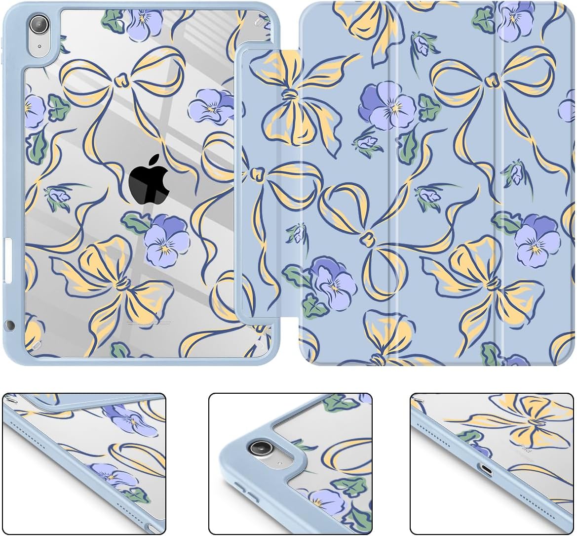 Case for iPad (A16) 11th Gen 11 Inch 2025, iPad 10th Gen 10.9 inch 2022 with Pencil Holder, Slim Printed Stand Protective Cover with Hard PC Translucent Back Shell Cover, Pansies Bows