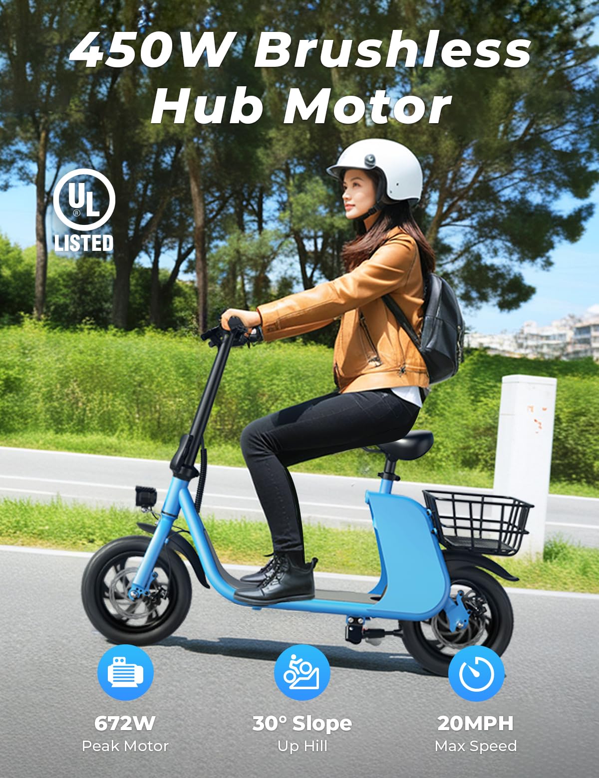 WINDHORSE Electric Scooter with Seat for Adults, 672W Peak Motor Up to 20 Miles Range, 20 MPH, 12.5 inch Tires Folding 2 Wheel E Scooter for Commuting with Basket - Blue