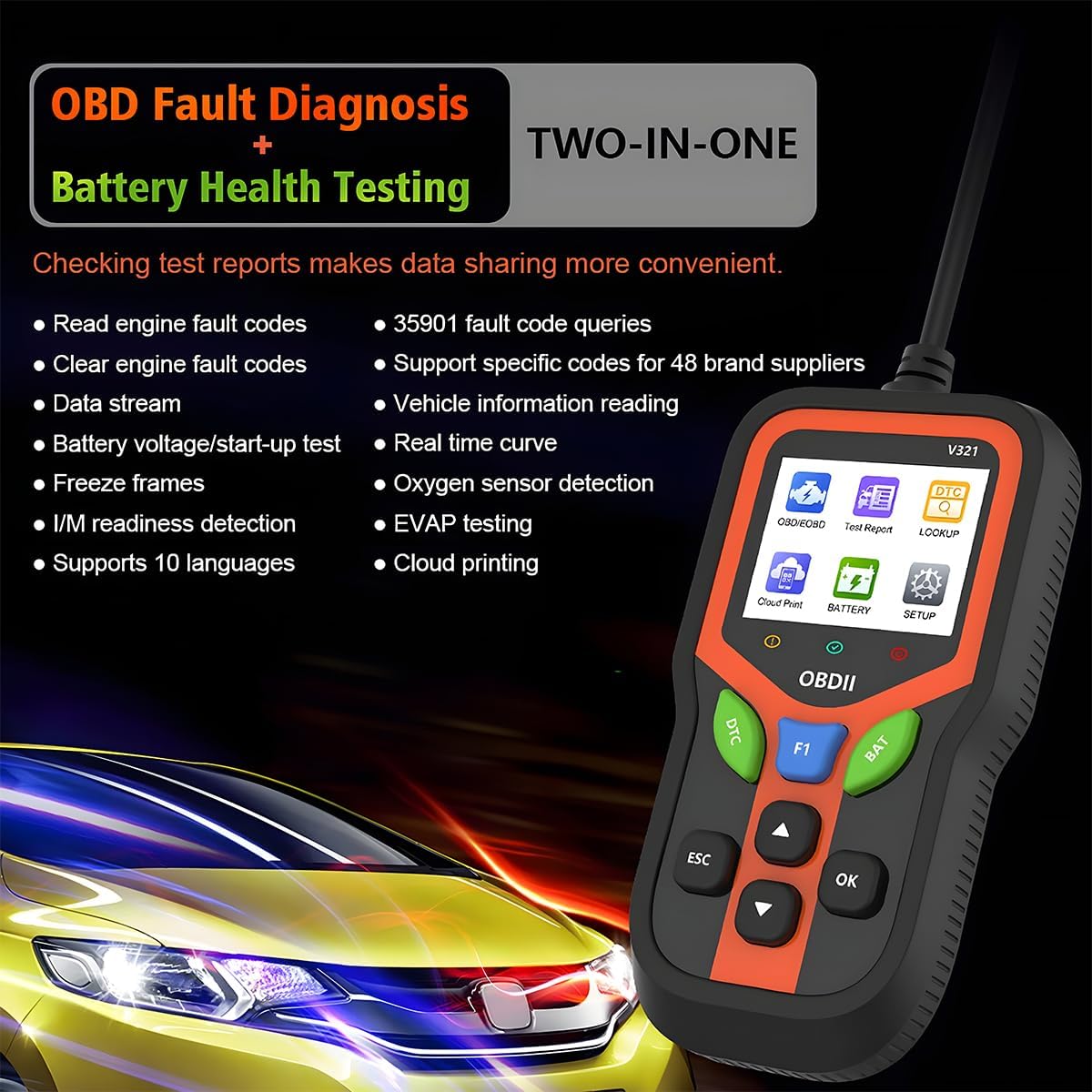 OBD2 Car Scanner Diagnostic Tool, V321 Vehicle Check Engine Fault Code Reader with Reset, Automotive OBD II Diagnostic Scan Tool, Universal for SUV Caravan Sedan