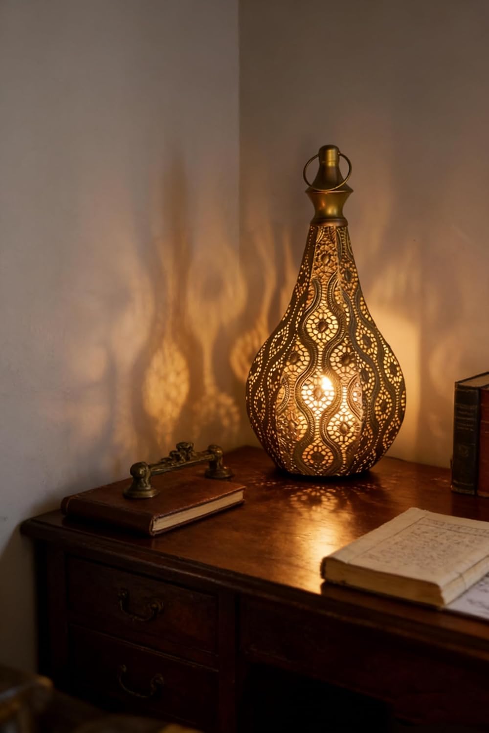 11.6inch Moroccan Lantern Lamp Decorative Candle Holders for Ramadan Decorations, Hanging, Outdoor Patio or Porch, Indoor Home Decor（Gold）