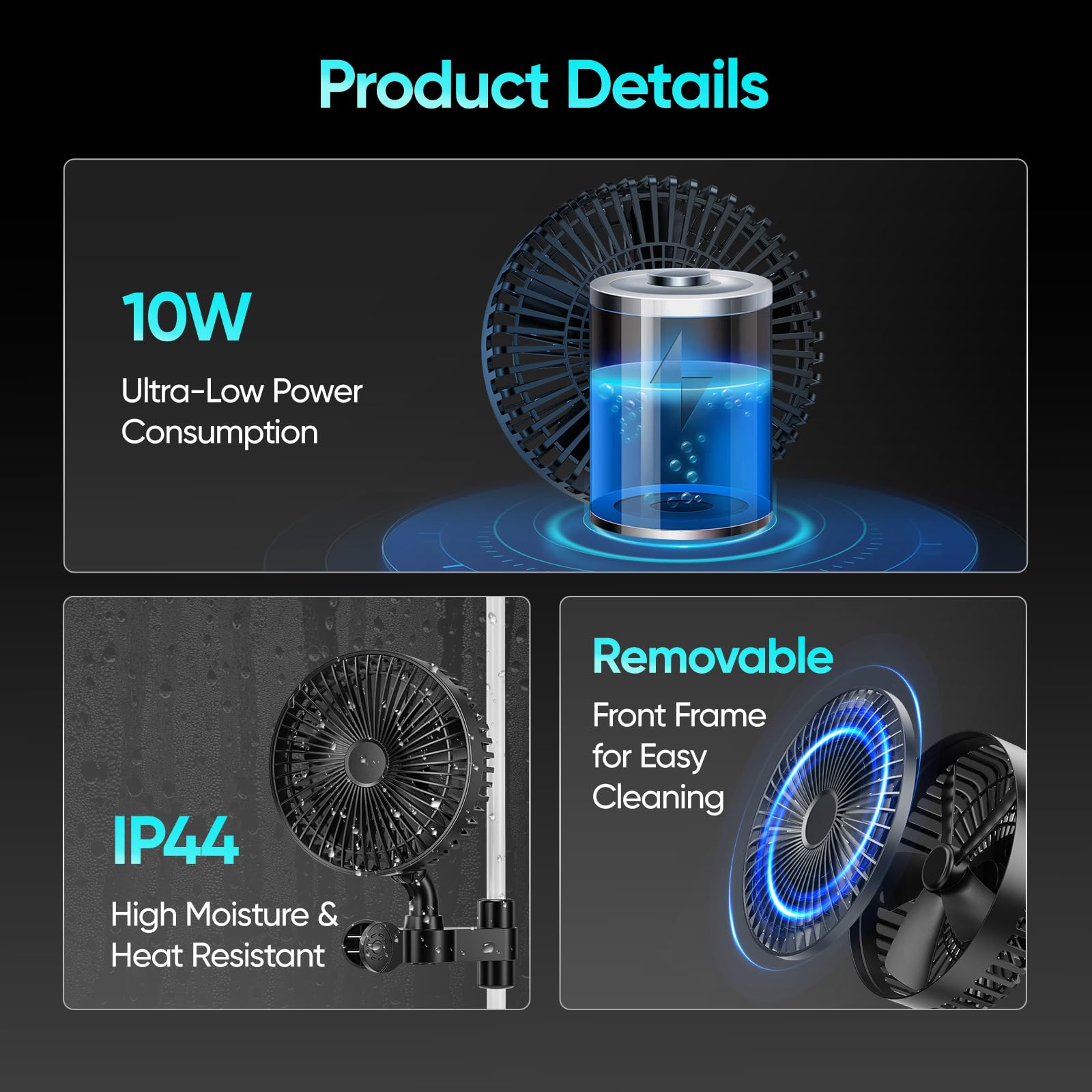 Ventilatore a Clip per Grow 10W, Motore EC Professionale, 2200 RPM, Cavo di Alimentazione CA Lungo 161 cm, Ventilatore da Coltivazione per Idroponica Vegetale, Tenda da Coltivazione