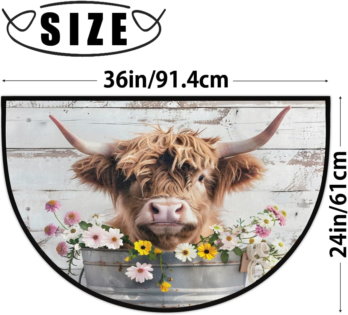 Half Round Door Mat Highland Cow Flower Floral Non Slip Half Moon Rug Indoor Entrance Washable Half Circle Area Rugs Semi Circle Bathroom Rugs Floor Carpet for Kithen Bedroom Fireplace Decor