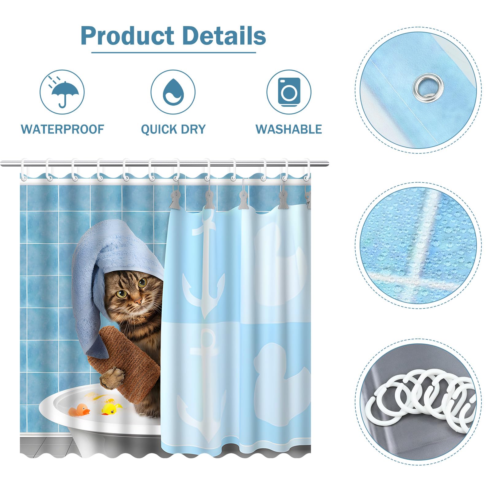 Tenda da doccia con gatto, 180 x 180 cm, impermeabile, antimuffa, con 12 ganci per doccia, blu, divertente, per vasca da bagno, doccia, per bambini, lavabile, in poliestere, per vasca da bagno