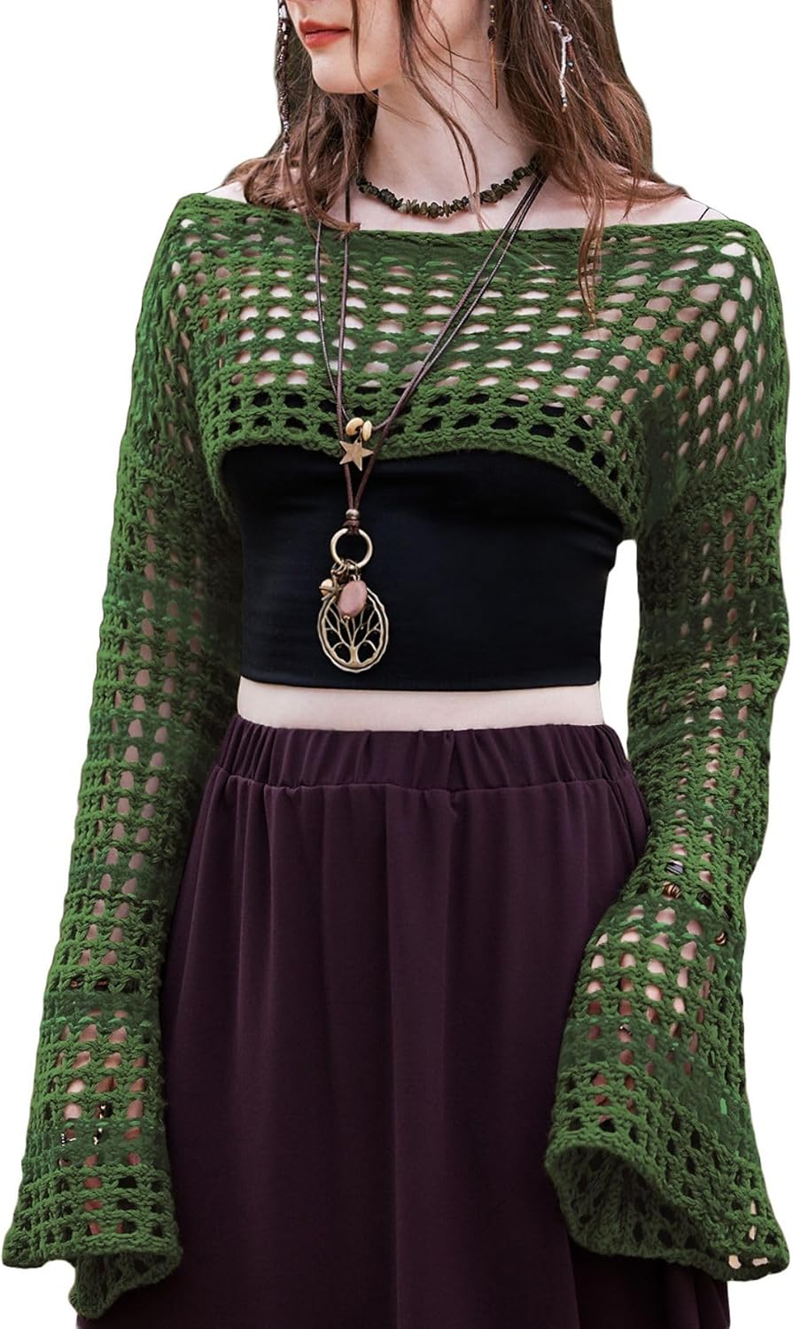 SHENHE Women's Crochet Shrug Hollow Knit Bolero Shrugs Coverup Crop Top Y2K Bell Sleeve Swimsuit Cover Up