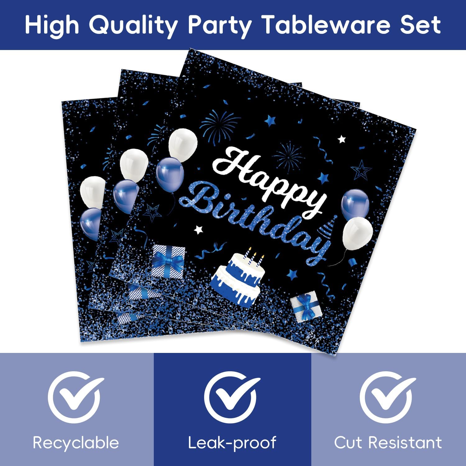 40Pcs Blue and Black Happy Birthday Plates and Napkins Set Happy Birthday Plates Supplies Blue Party Decorations image 4