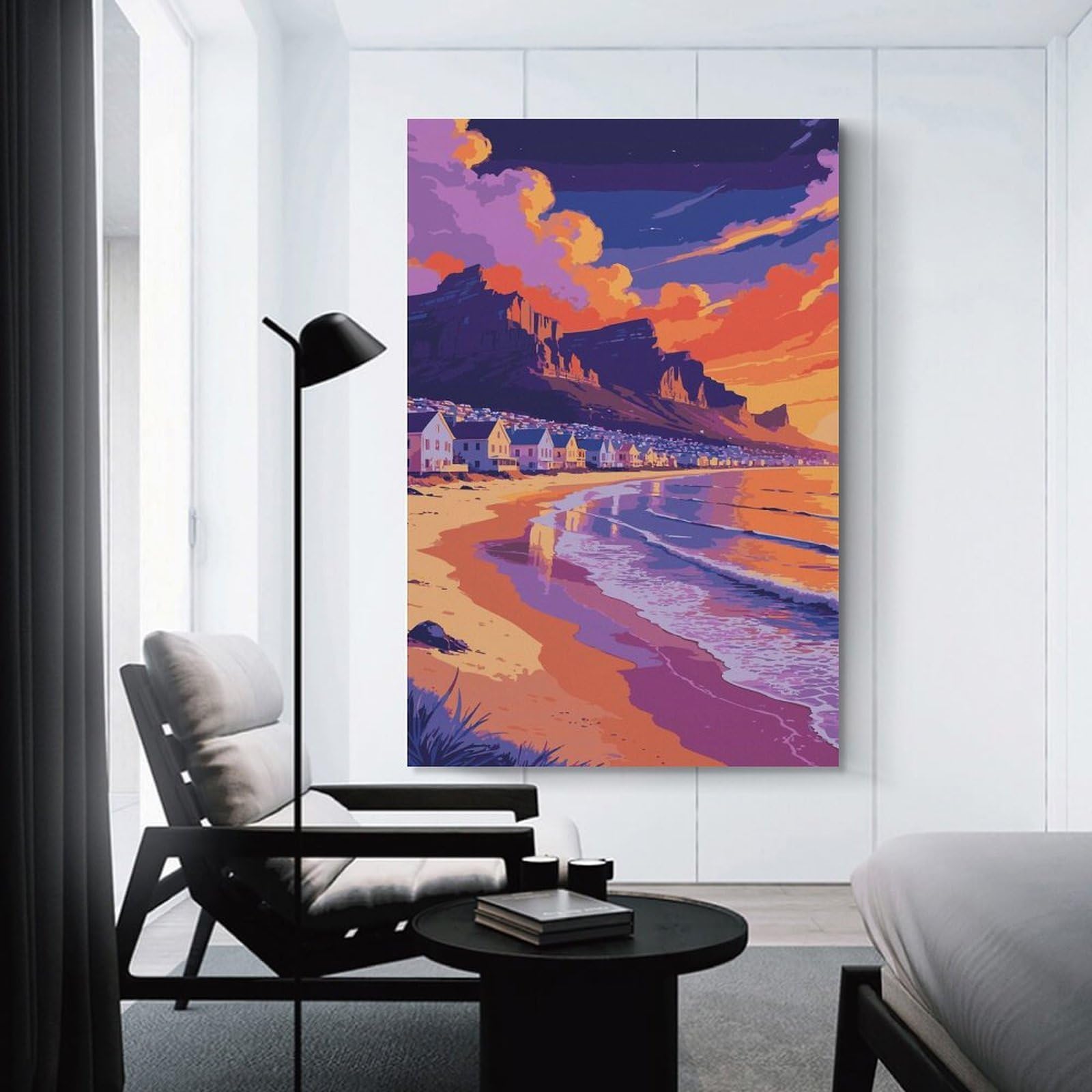 Junmoney Coastal Town at Sunset Illustration Canvas Wall Picture, 08x12inch(20x30cm), for Front Hall, Corridor Or Welcome Spaces, Wall Decor to Refresh Empty Corners