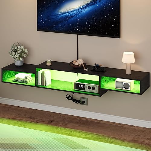 Miniatura 10 de 4 EVER WINNER Soporte flotante para TV con toma de corriente, estante flotante de TV de 59 pulgadas con luces LED y almacenamiento, centro de Negro
