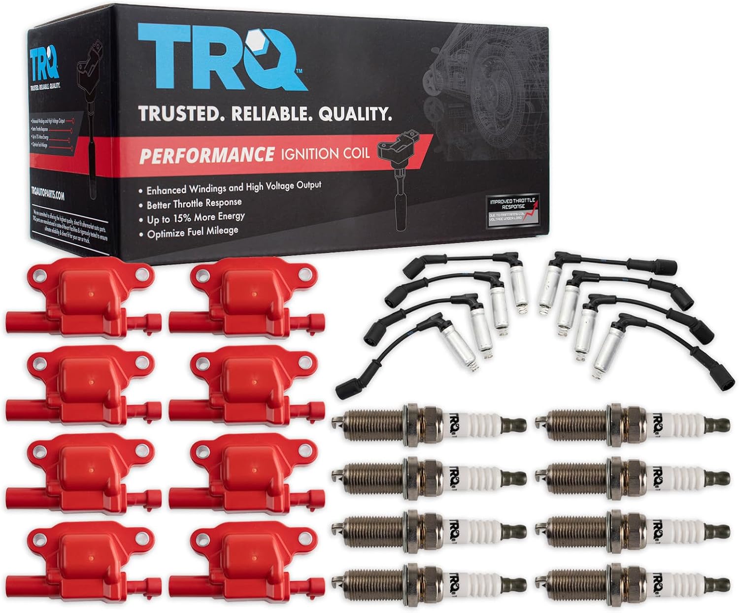 TRQ Ignition Coil and Spark Plug Kit 17 Piece Iridium Spark Plugs Compatible with 2007-2008 Chevrolet Silverado 1500 GMC Sierra 1500 Tahoe Yukon 2008 Hummer H3