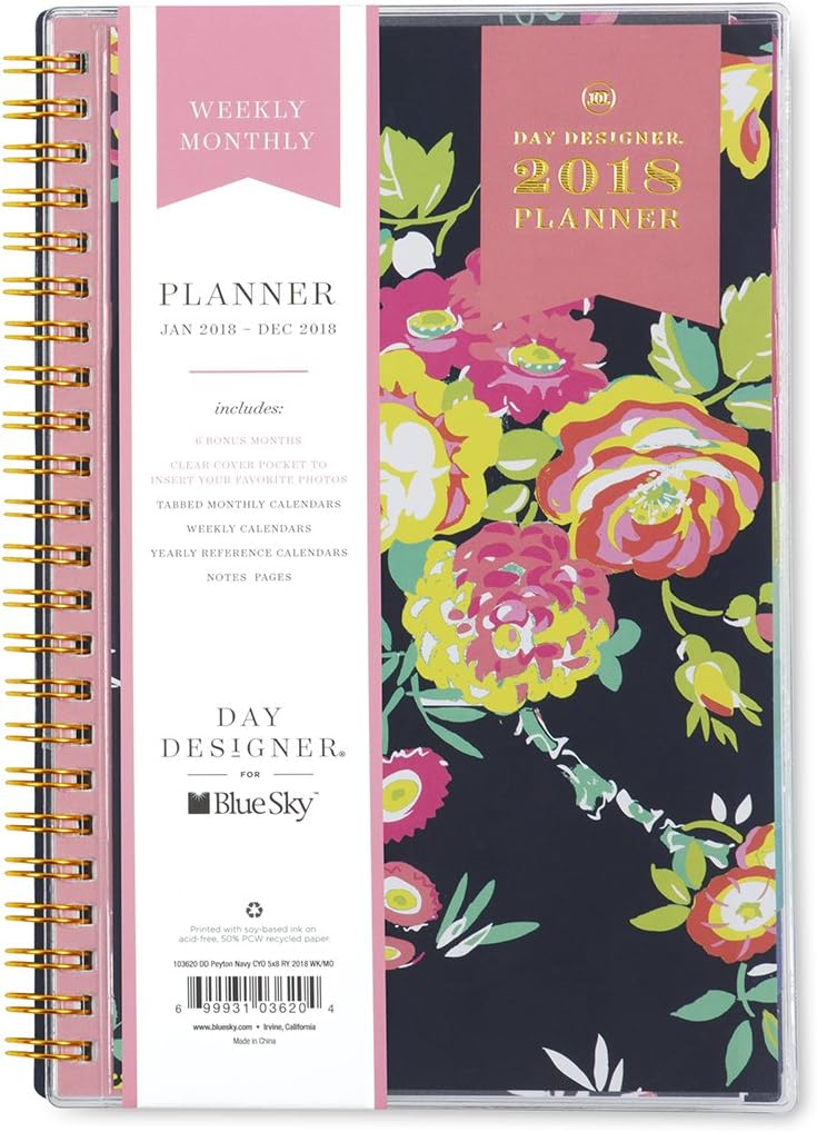 Blue Sky Day Designer 2018 Weekly & Monthly Planner, Twin-Wire Binding, 5" x 8", Peyton Navy - 103620