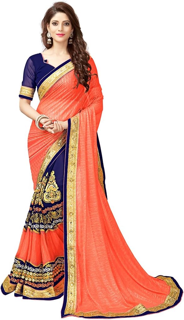 Li Te Ra Women's Designer Lycra Embroidered Saree One Size Orange