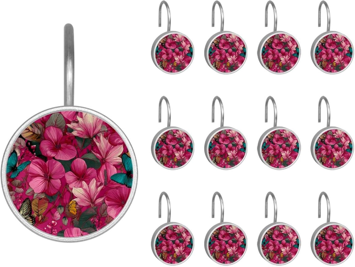 12PCS Pink Flowers Leaves and Butterflies (1) Shower Curtain Hooks Rings for Bathroom, Decorative Shower Curtain Hooks Rods Curtains and Liner