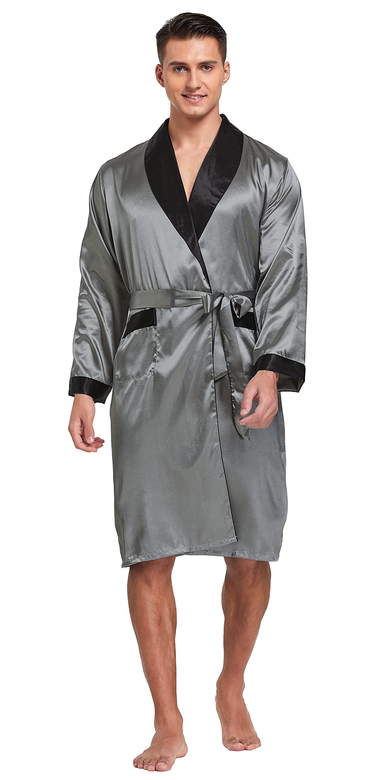 Mens Satin Robe Long Sleeve Silk Kimono Bathrobe with Shorts Set Sleepwear