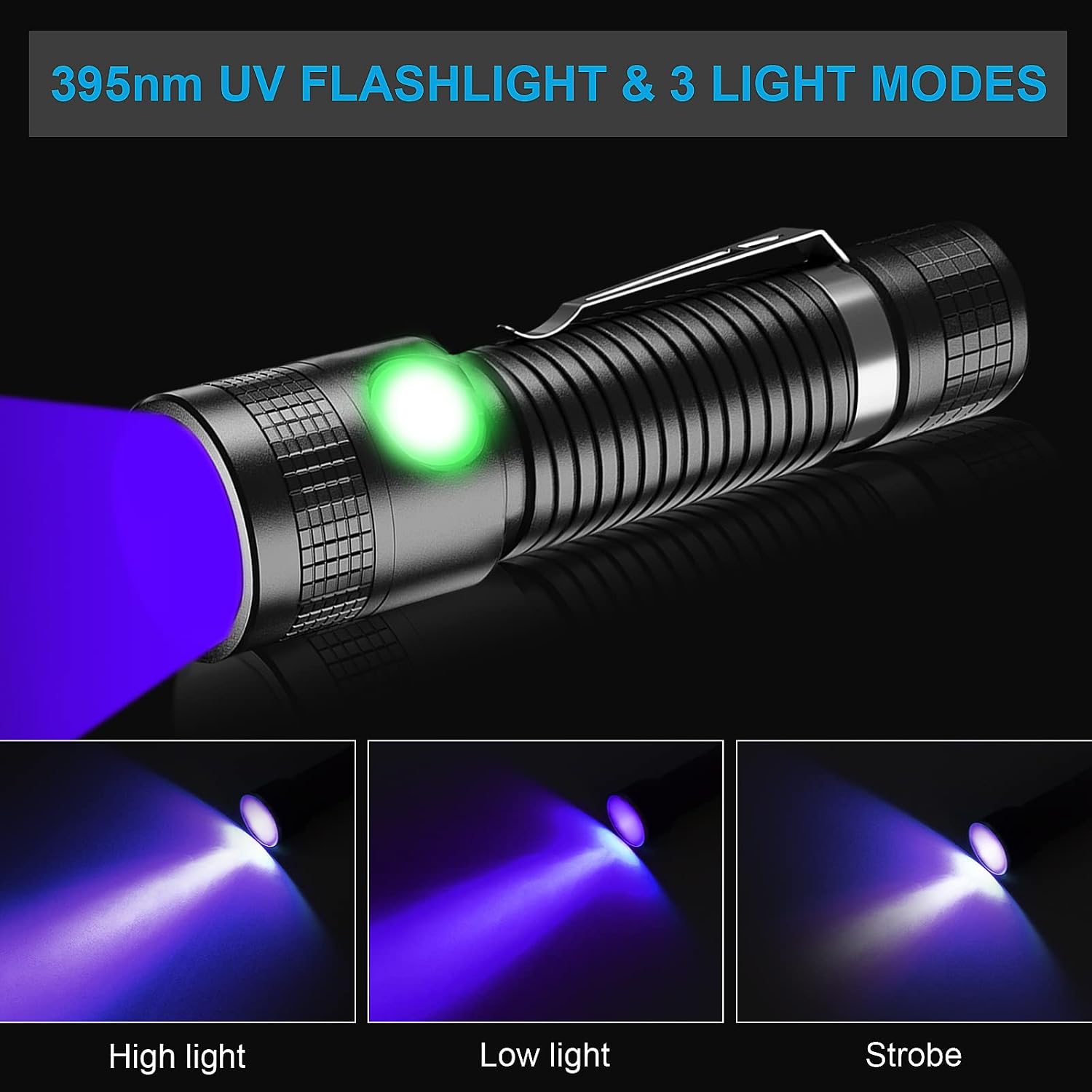 Rechargeable UV Flashlight Black Light, Blacklight LED 395mn Led Flashlight with Clip, IPX5 Wateproof, 3 Modes Detector for Dog Pet Urine Stains Bed 2 Pack