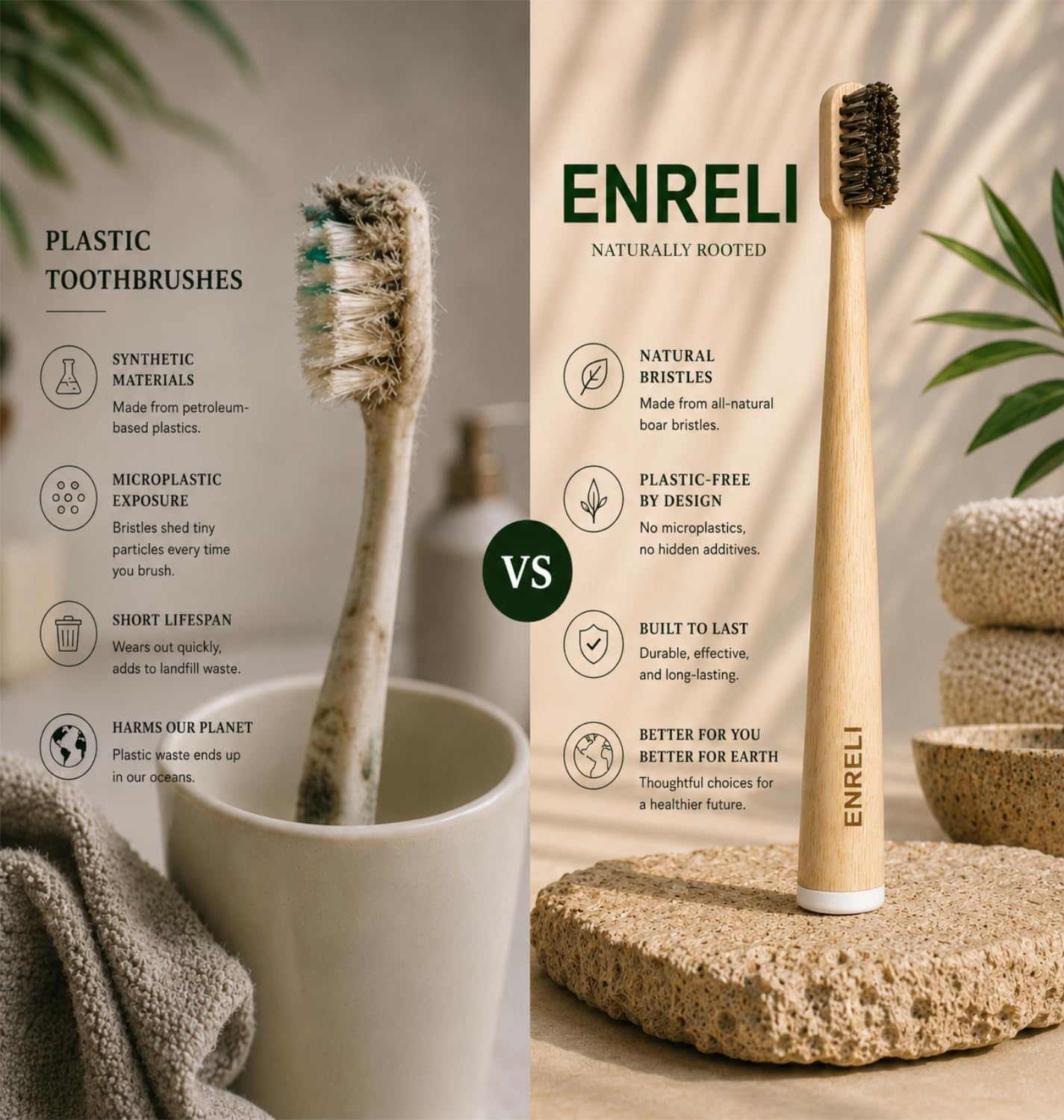 Horsehair Bamboo Toothbrush 4-Pack | 100% Microplastic-Free | Soft Natural Bristles for Sensitive Gums | Copper-Anchored | Plastic & Nylon Free | FSC Bamboo Handle