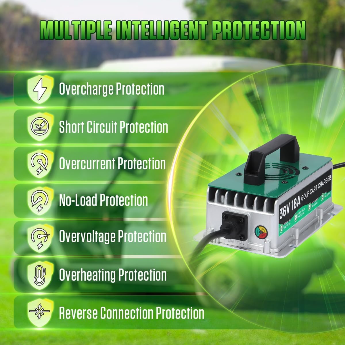 36 Volt Golf Cart Battery Charger for EZGO/Yamaha/Club Car, 18AMP 36V Golf Cart Charger IP67 Waterproof Fully Automatic Smart Fast Charging with 16Ft Cable, for Lead-Acid Batteries - Image 6