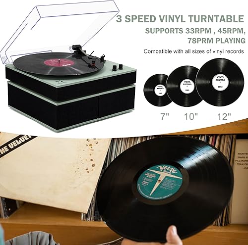 Miniatura 6 de MPK - Tocadiscos Bluetooth, sistema de alta fidelidad con altavoces de estantería, tocadiscos de vinilo de 3 velocidades con transmisión por correa