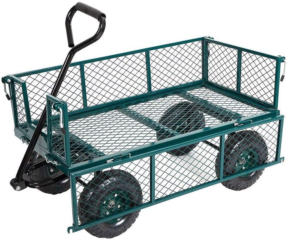 Garden Cart Wagon Heavy Duty 550lb Weight Capacity, Mesh Steel Metal Wagon Cart, Yard Cart with 180° Rotating Handle, Removable Sides, 10" Tires, Green