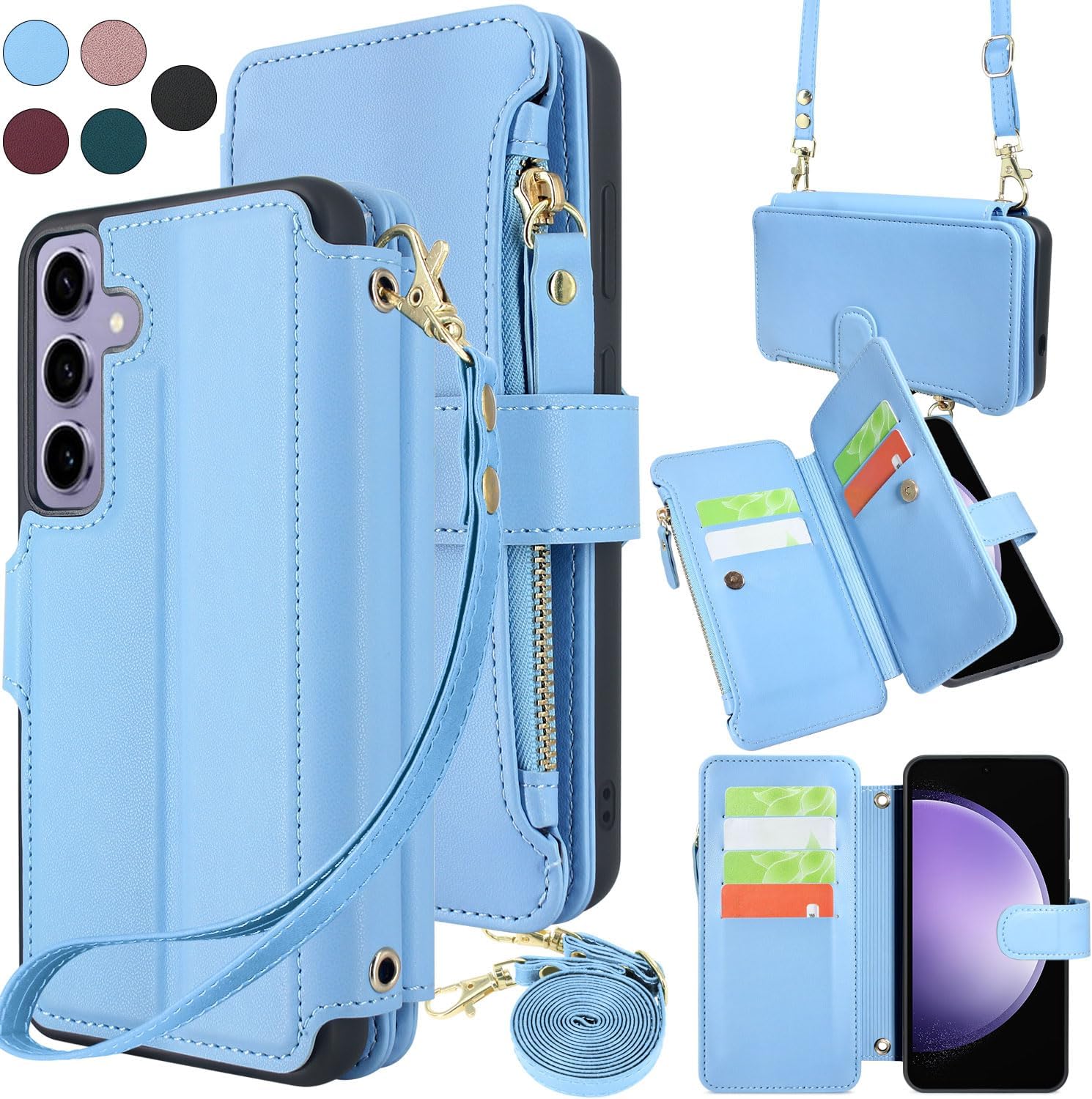 Harryshell Crossbody for Samsung Galaxy S23 FE 5G Case Wallet [8 Card Slots] with [Theft-Scan Blocking],Cash Coin Zipper Pocket Long Shoulder & Wrist Strap for S23Fe (Wine Red)