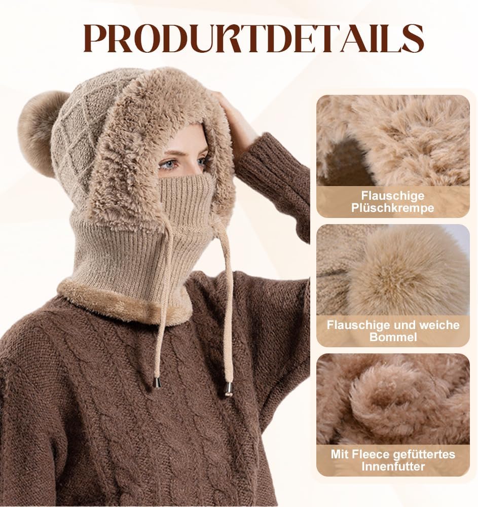 3-in-1 Winter Balaclava, Women's Knitted Hat in Winter, Outdoors Windproof Scarf Hat, Knitted Ski Scarf and Mask Set (Black)