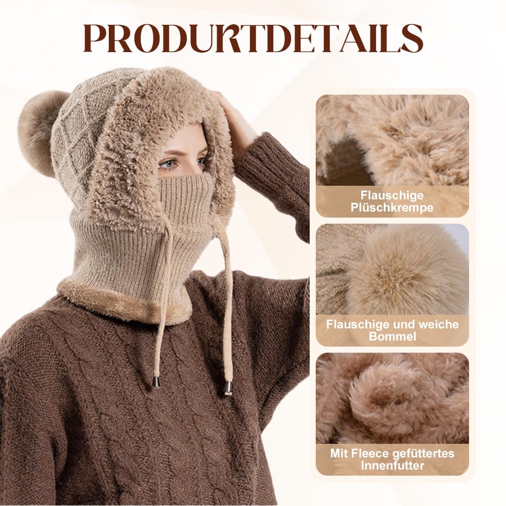 Toerjii Wintermütze Damen,Balaclava Damen,3 in 1 Beanie Mütze Warm Strickmütze & Halswärmer Sets,Multifunktional Verstellbar Gesichtsmaske für Täglich und im Freien