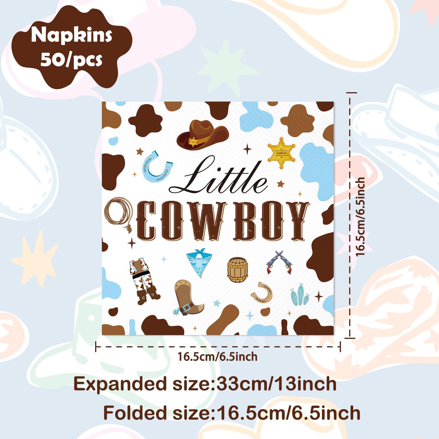 50PCS Cowboy Baby Shower Napkins - A Little Cowboy is on the Way Baby Shower Paper Napkins Western Rodeo Little Cow Boy Disposable Napkins 6.5" x 6.5"