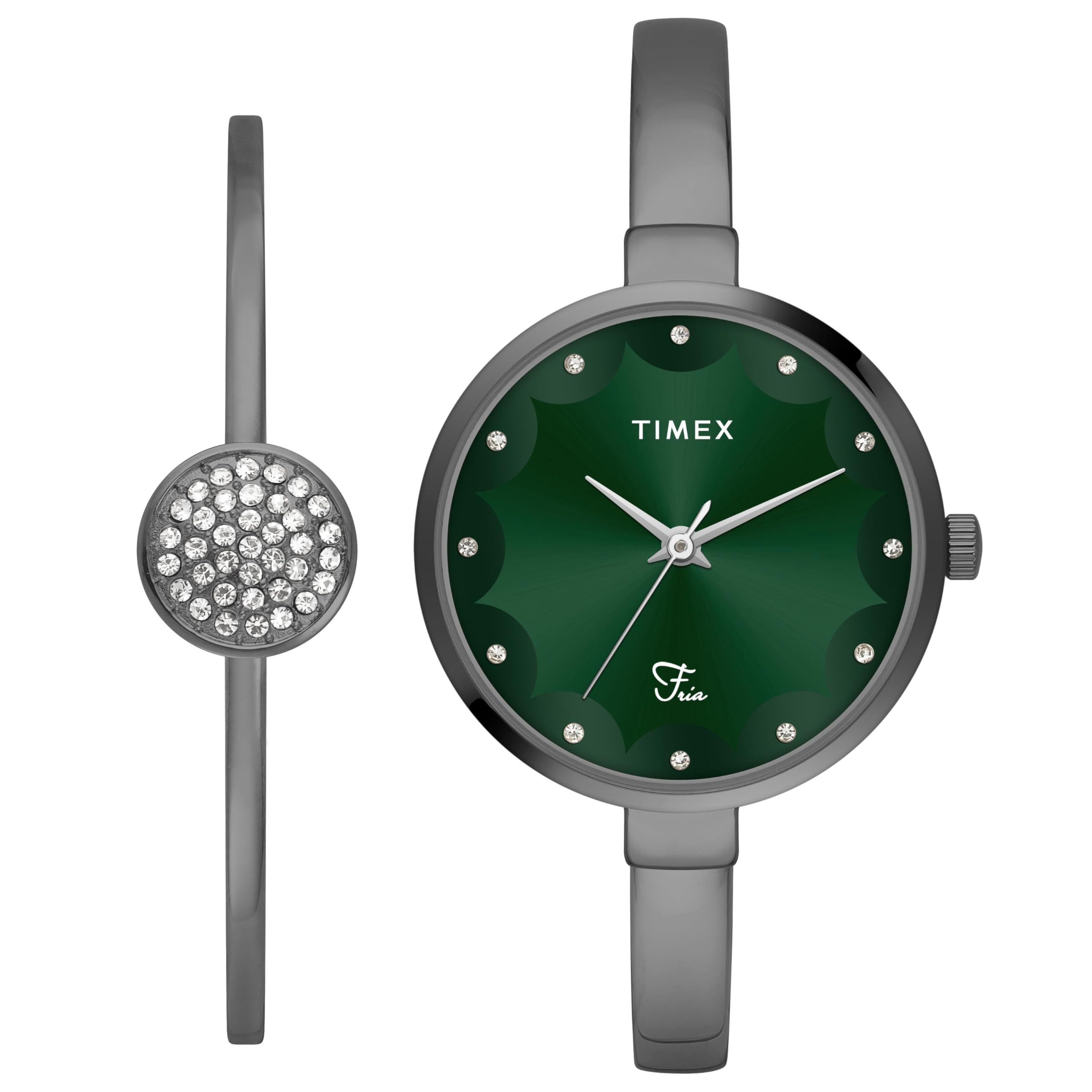 TIMEX Brass Fria Women Green Round Dial Analog Watch With Bracelet - Twel18503, Band_Gray (B0D95TRVXG) Amazon Price History, Amazon Price Tracker