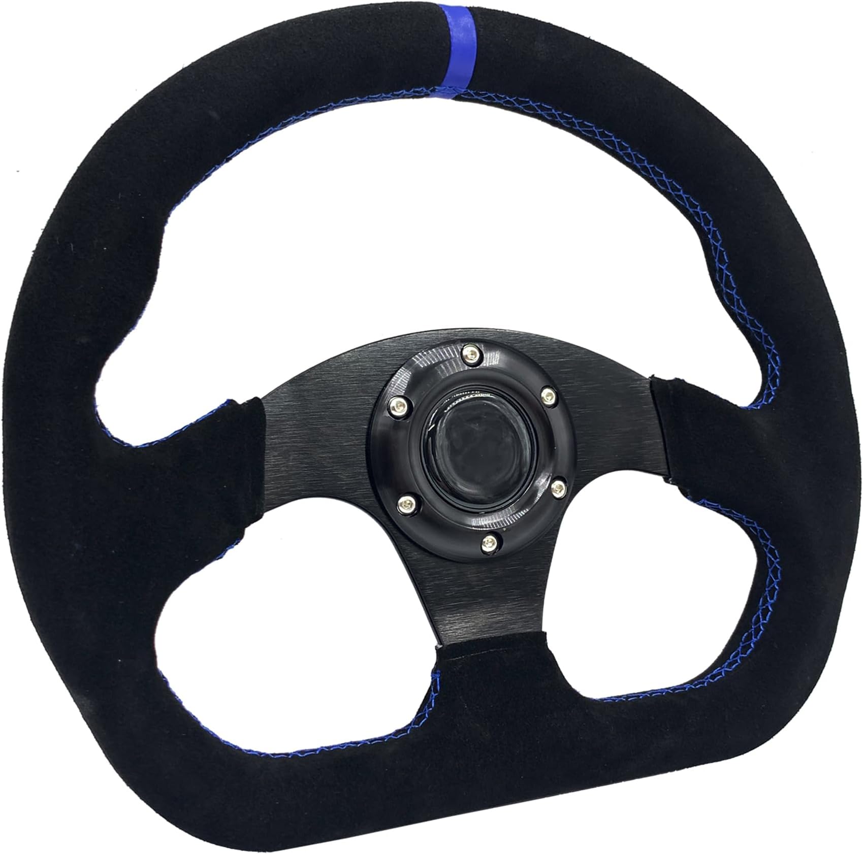 13" Blue Stripe Sim Racing Steering Wheel Race Style D-Shaped Flat Bottom Steering Wheel Suede Leather with Blue Stitch and Horn Button