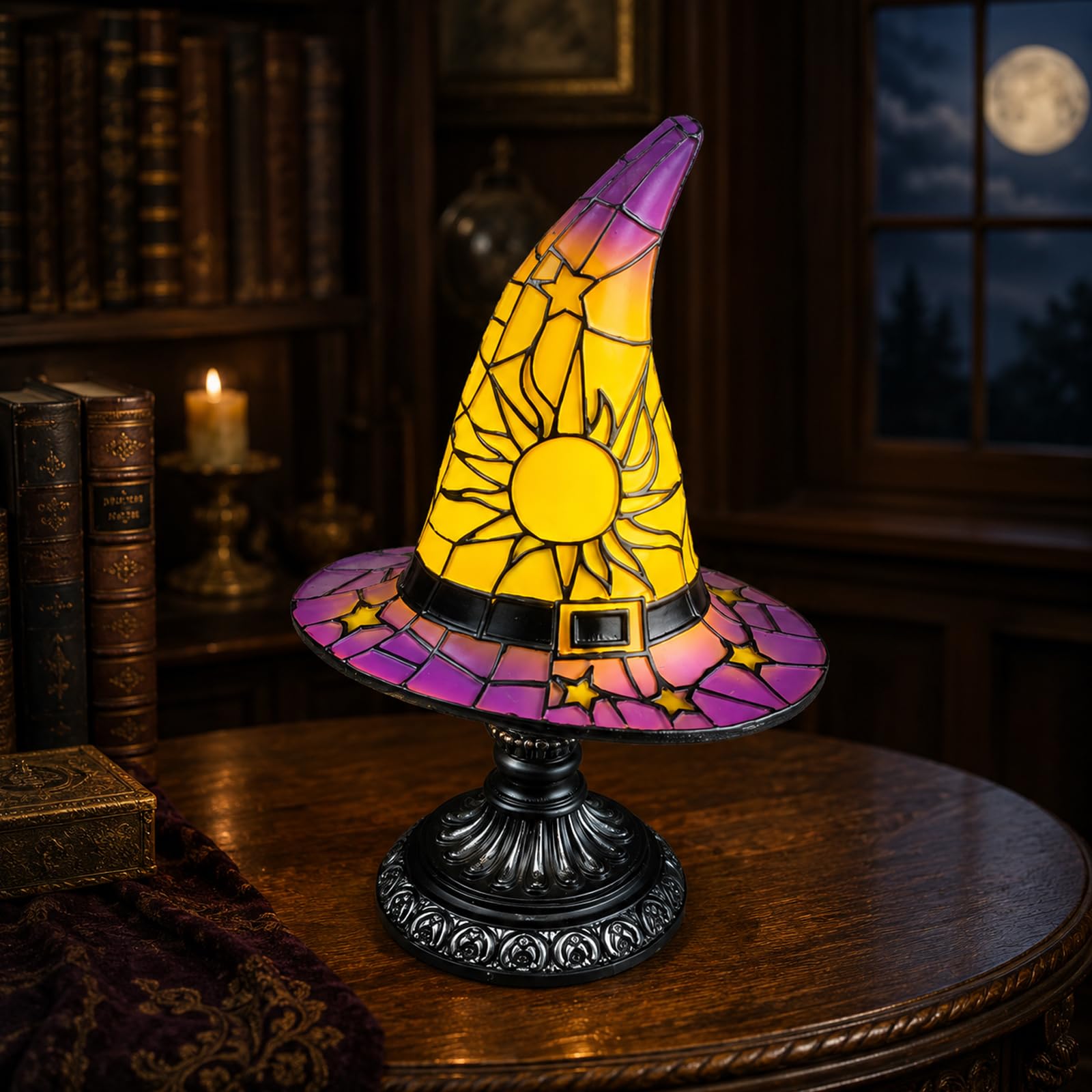 Aoukp 7.09/11.81 Inches Stained Glass Witch Hat Lamp, Resin Night Light with USB Power, Wizard Cap, Sun Star Details for Halloween Bedroom Bookshelf Decor (#E,18cm/7.09in)