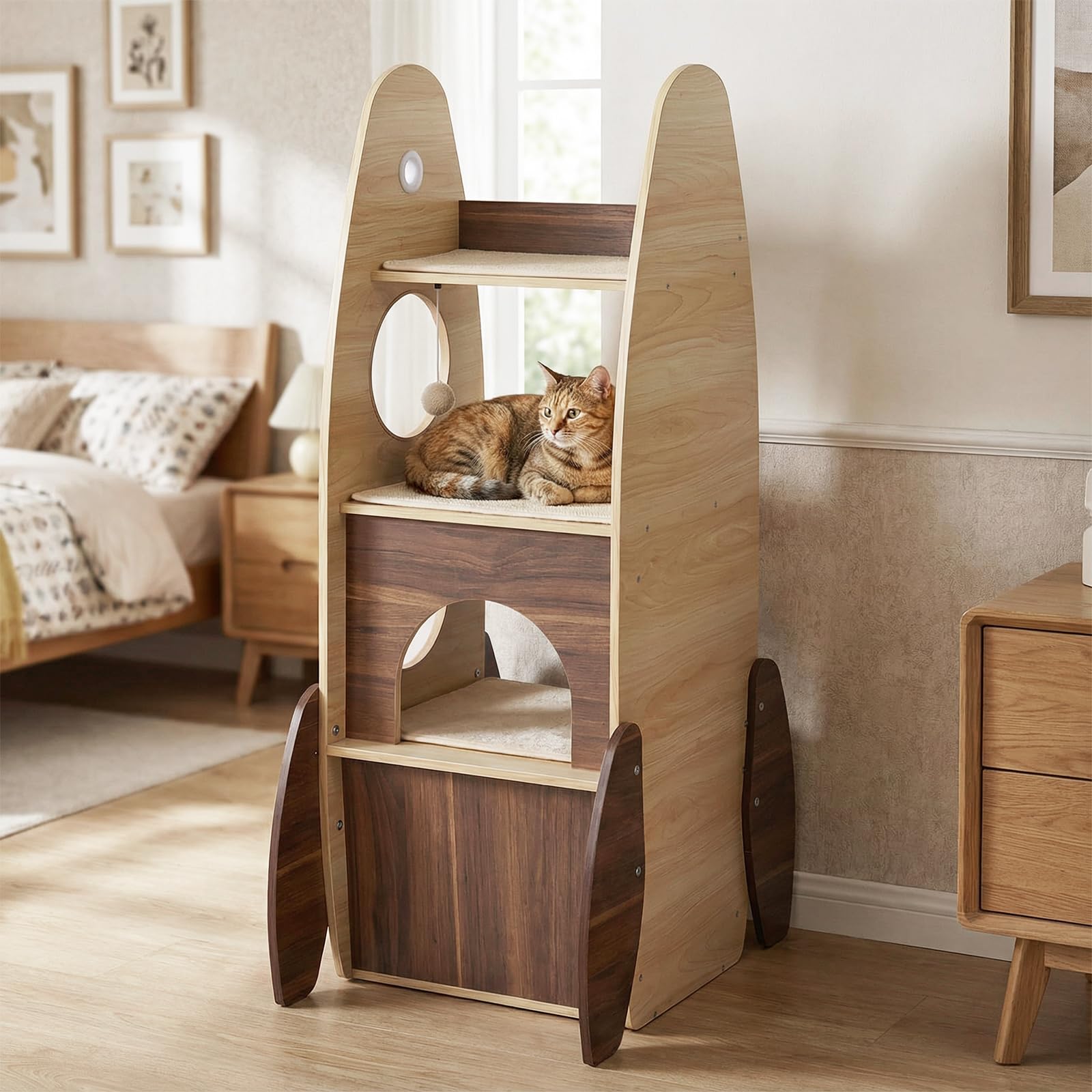COSTWAY Árbol Rascador para Gatos en Forma de Cohete, Torre para Gatos de Madera con Condominio de 2 Plantas, Percha Superior, Rascador de Sisal, Plataforma Acolchada, Bola Colgante, Natural y Blanco