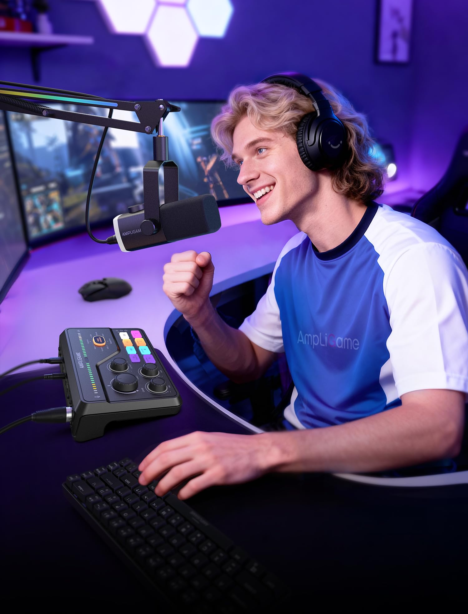 Fifine Gaming Audio Mixer for 7.1ch Surround Sound Headphone Amp-Volume Control-Voice Chat and Streaming-XLR Mic Preamp-USB Plug&Play-Voice Changer-RGB-3 EQ Modes Ampligame SC8