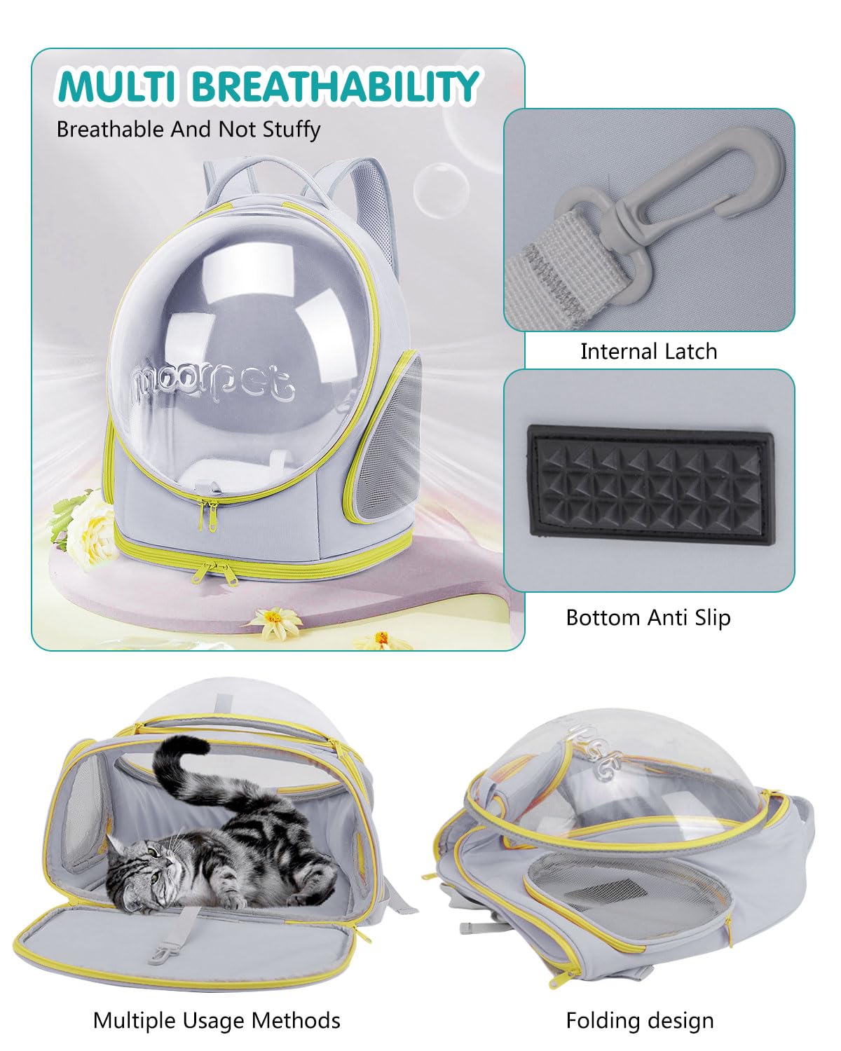 PETCUTE Zaino Trasparente per Animali Domestici con Capsula Spaziale, Pieghevole per Cani e Gatti con Cintura di Sicurezza Integrata - Trasportino per Viaggio e Campeggio