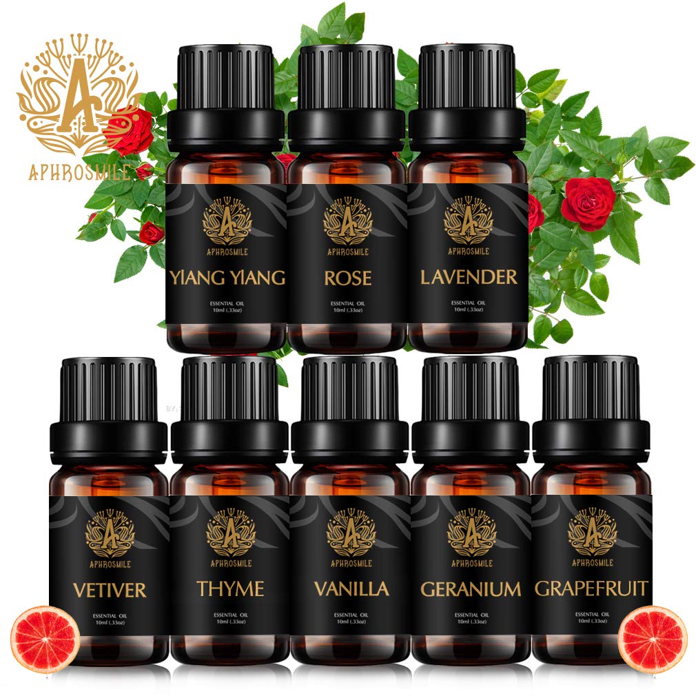 100% reines Rose ätherisches Öl Set für Diffusor, Aromatherapie Lavendel ätherisches Öl Kit für Hause, 8x10ml 100% reines Vanille, Vetiver, Ylang Ylang, Grapefruit, Geranium, Thymian Öle für Massage