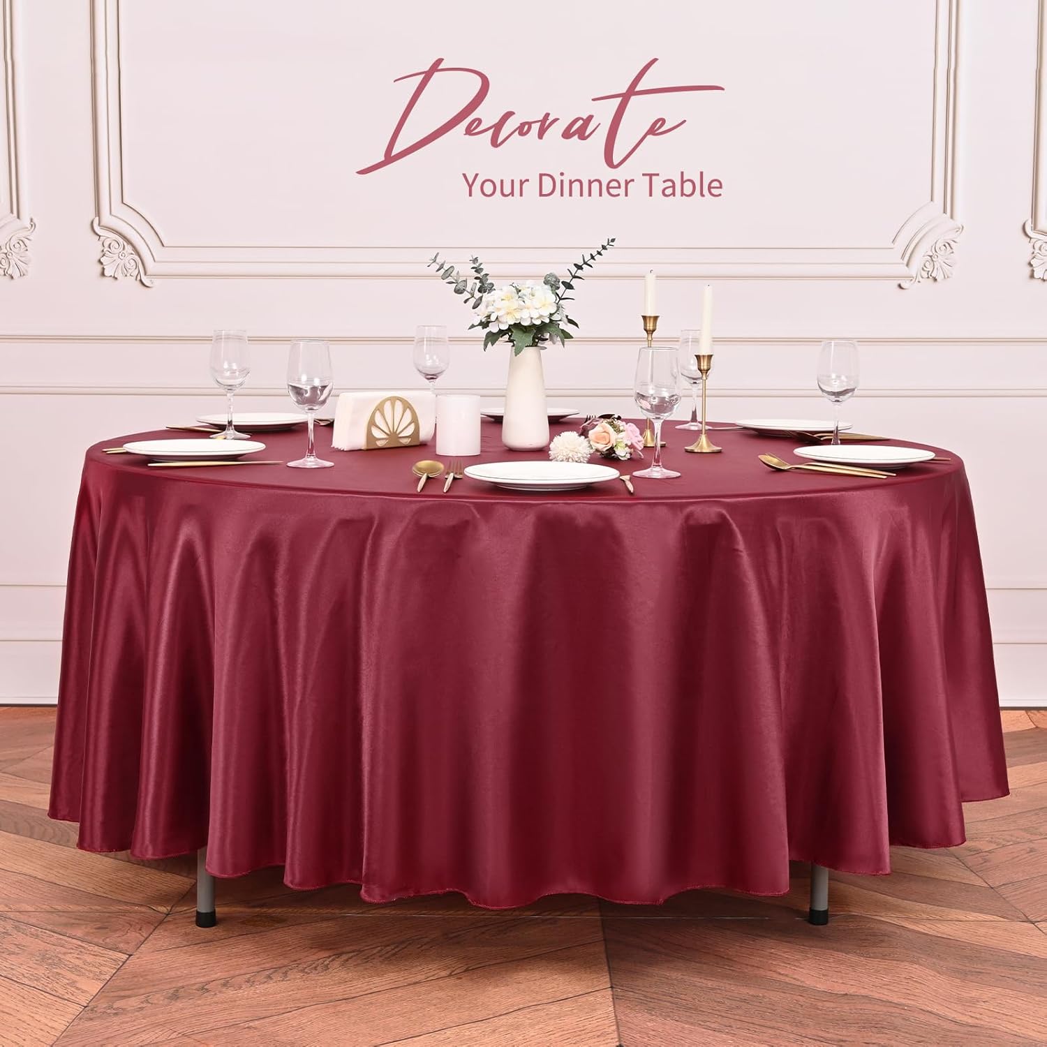 Pesonlook 12 Pack Burgundy Round Tablecloth, 108 Inch Satin Fabric Tablecloth for Round Table, Wrinkle Resistant Washable TableCover Bright Silk TableClothes for Wedding Party Dining Table Banquet