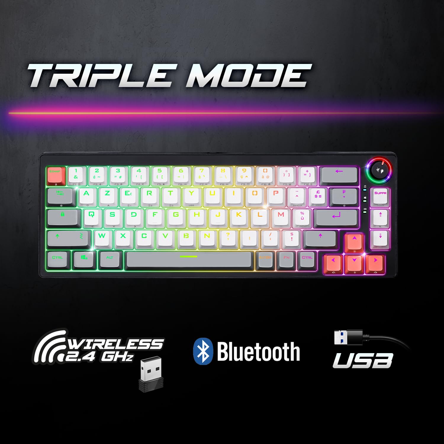 Spirit Of Gamer - XPERT K600, Clavier Gamer TKL sans Fil 65% Mécanique AZERTY, Switchs Rouges, Bluetooth, RF 2.4 GHz et Filaire USB, RGB 22 Modes, Anti-Ghosting 100%, Autonomie 200 Heures, Noir