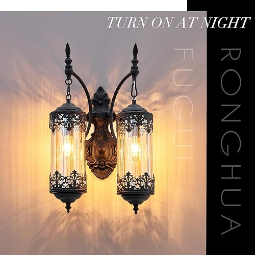 Miniatura 7 de RONGHUAFUGUI Apliques de pared negros góticos, lámpara de pared rústica de 2 luces de cristal ámbar, aplique de pared único vintage para dormitorio,