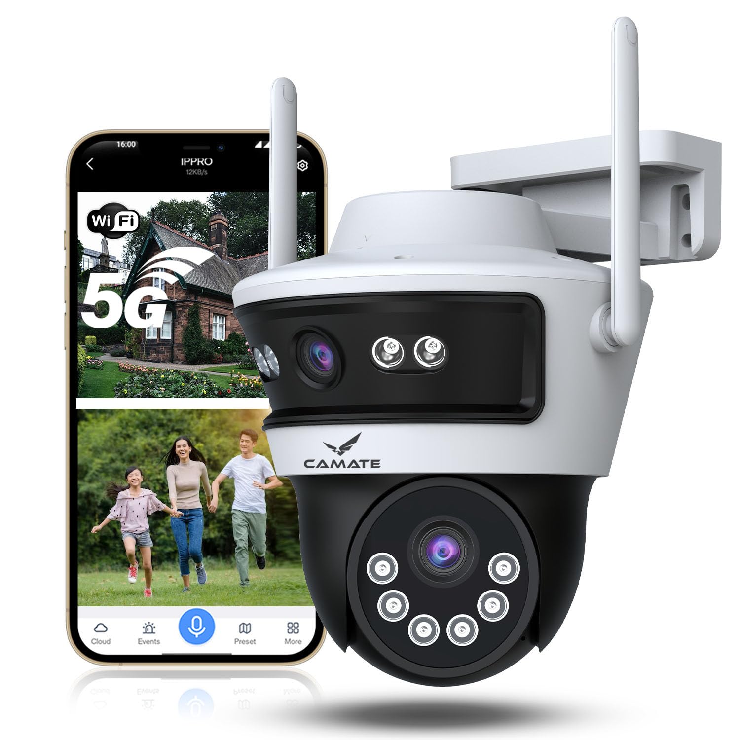 Camate Arc Duo 3+3MP Dual-Lens (2.4/5 Ghz Wi-Fi Connectivity) Wireless CCTV Security Camera | Two Way Talk | Motion Detection | Colored Night VIsion | Support 256 GB sd card, Onvif (WiFi Connectivity)