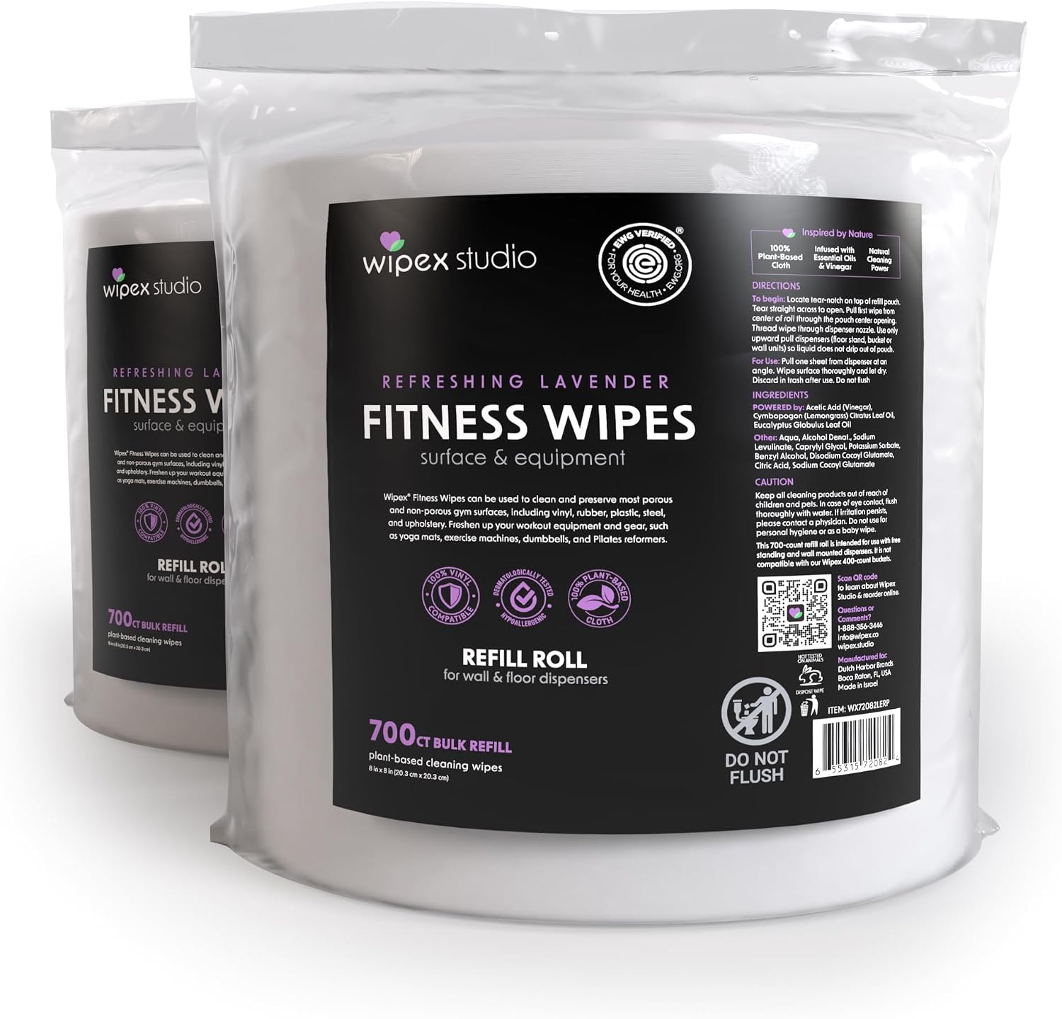 Wipex Gym Wipes for Equipment - EWG Verified -700 Count, Pack of 2 - Lavender Essential Oil Infused Gym Equipment Cleaner with Plant-Based Cloth & Cleaning Vinegar - 8x8 Refill Rolls