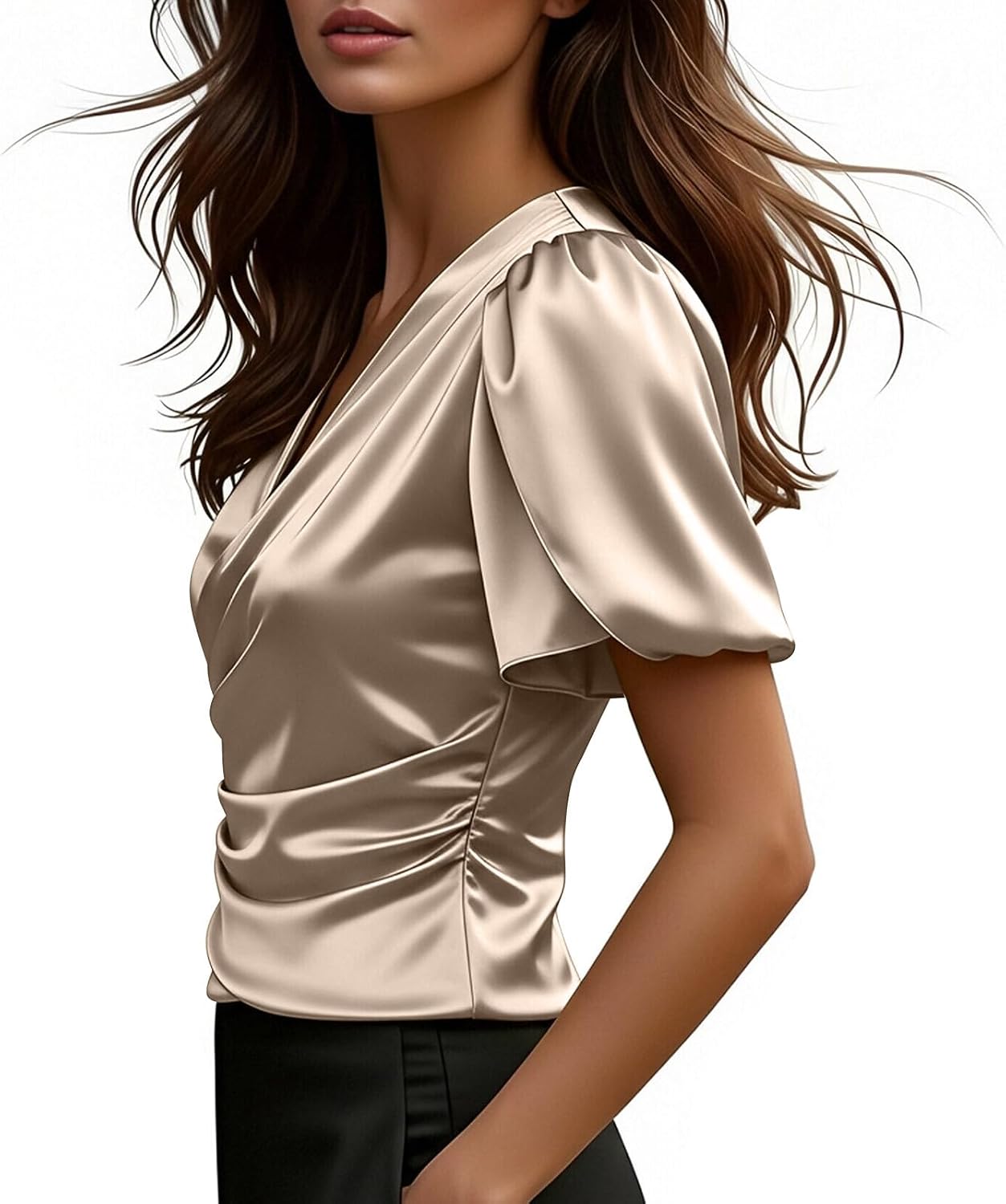Puff Sleeve V-Neck Top for Women - Short Sleeve Blouse for Spring and Summer, Fashion Solid Color Casual Shirt