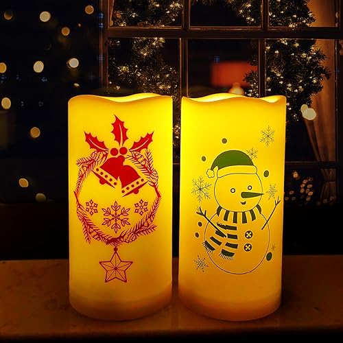 Miniatura 1 de EZiKitchen Paquete de 2 velas LED de Navidad a pilas con temporizador de 3 x 6 pulgadas, campanas de muñeco de nieve, velas realistas de plástico